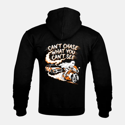 CAN'T CHASE WHAT YOU CAN'T SEE back print on a Kevlar armoured zip hoodie