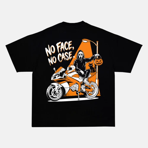 NO FACE, NO CASE back print on a t-shirt