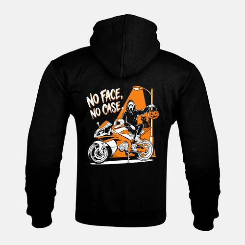 NO FACE, NO CASE back print on a Kevlar armoured zip hoodie
