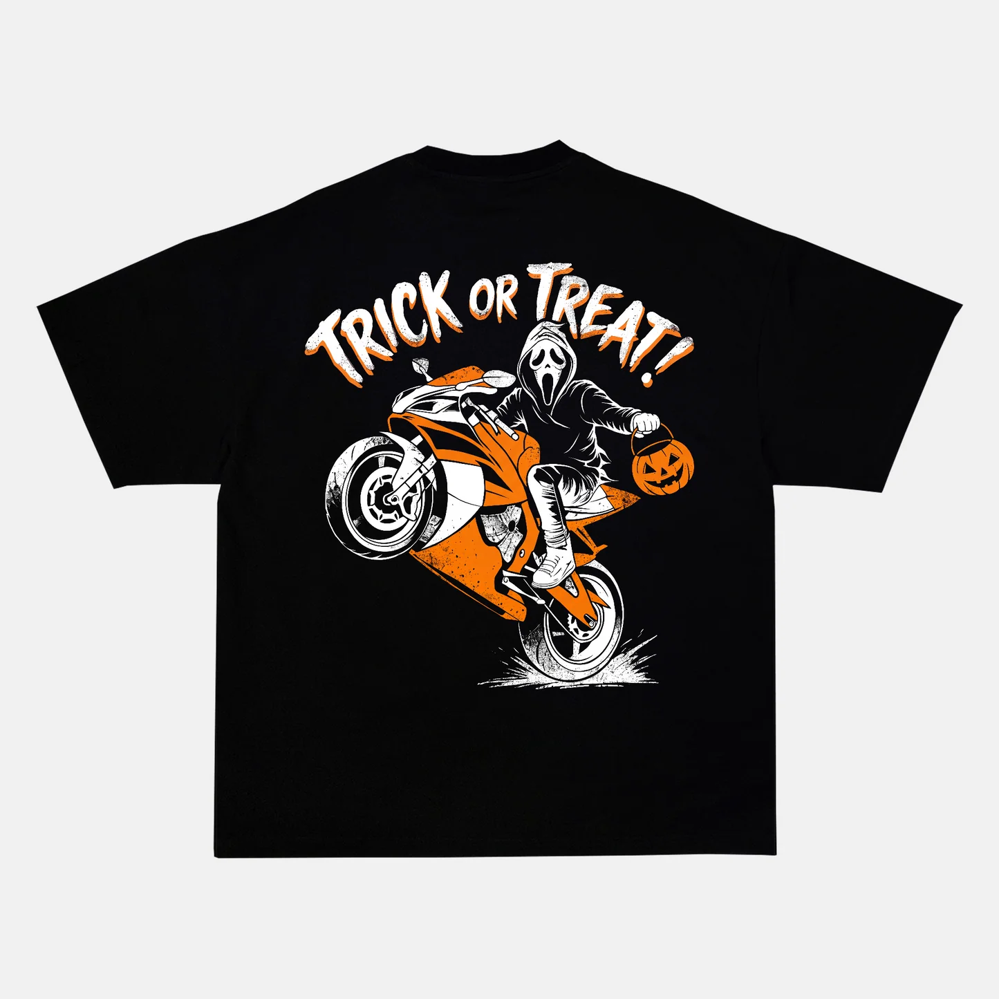 TRICK OR TREAT! MASKED RIDER back print on a t-shirt