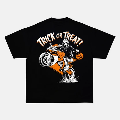 TRICK OR TREAT! MASKED RIDER back print on a t-shirt