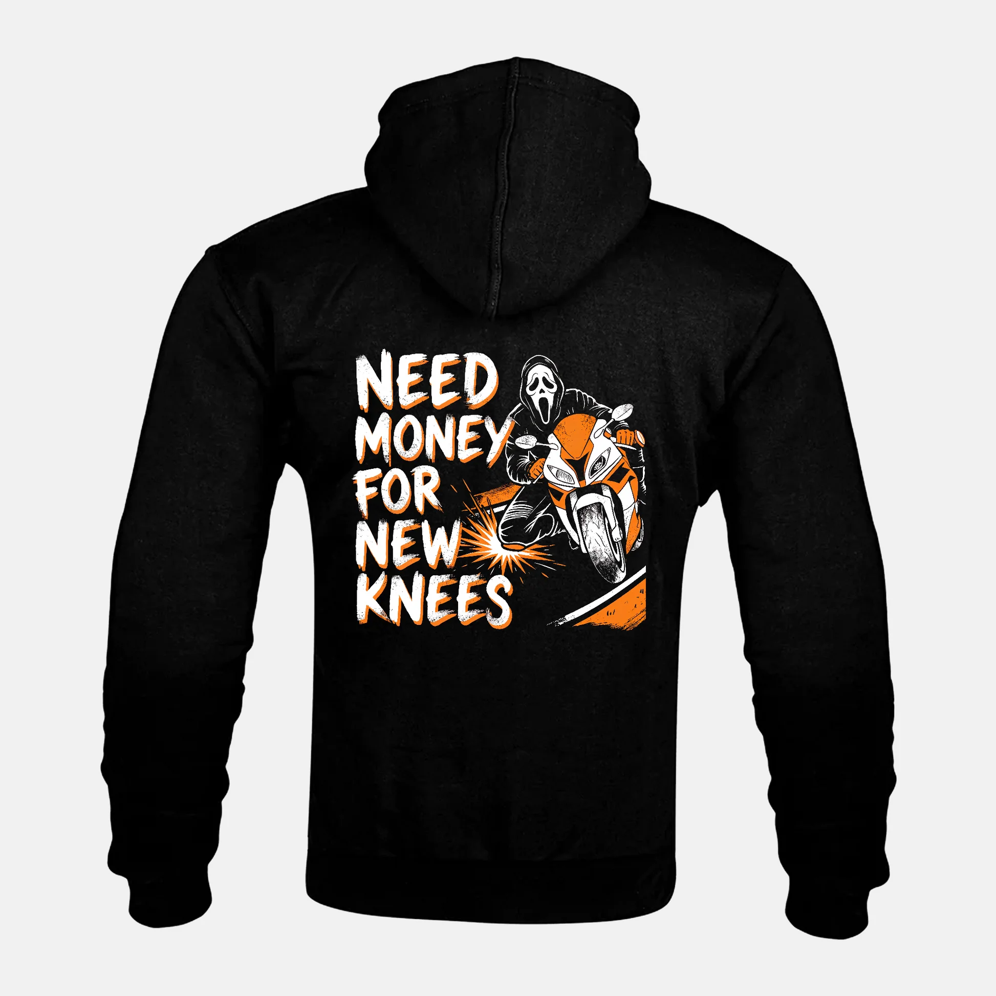 NEED MONEY FOR NEW KNEES back print on a Kevlar armoured zip hoodie