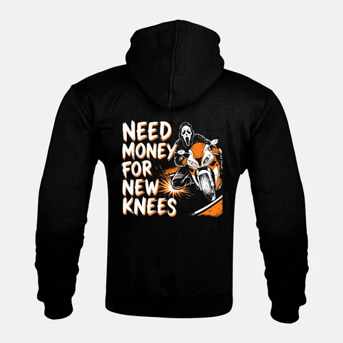 NEED MONEY FOR NEW KNEES back print on a Kevlar armoured zip hoodie