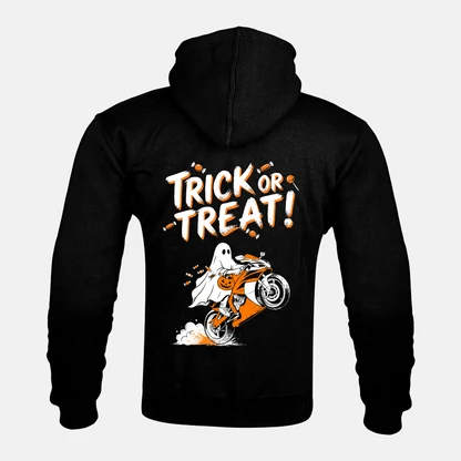 TRICK OR TREAT! back print on a Kevlar armoured zip hoodie
