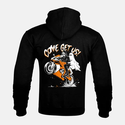 COME GET US! back print on a Kevlar armoured zip hoodie