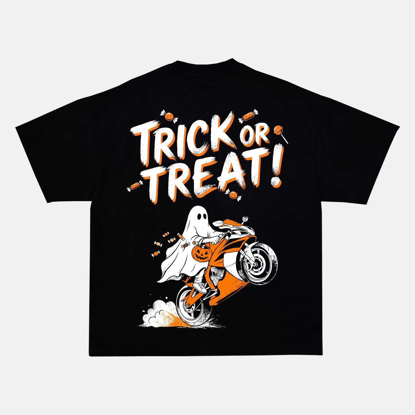 TRICK OR TREAT! back print on a t-shirt
