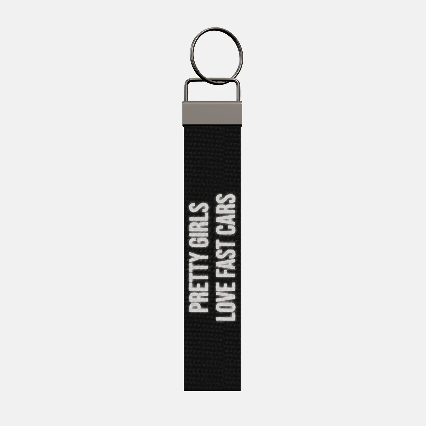 PRETTY GIRLS LOVE FAST CARS Keychain, front: PRETTY GIRLS LOVE FAST CARS in reflective print
