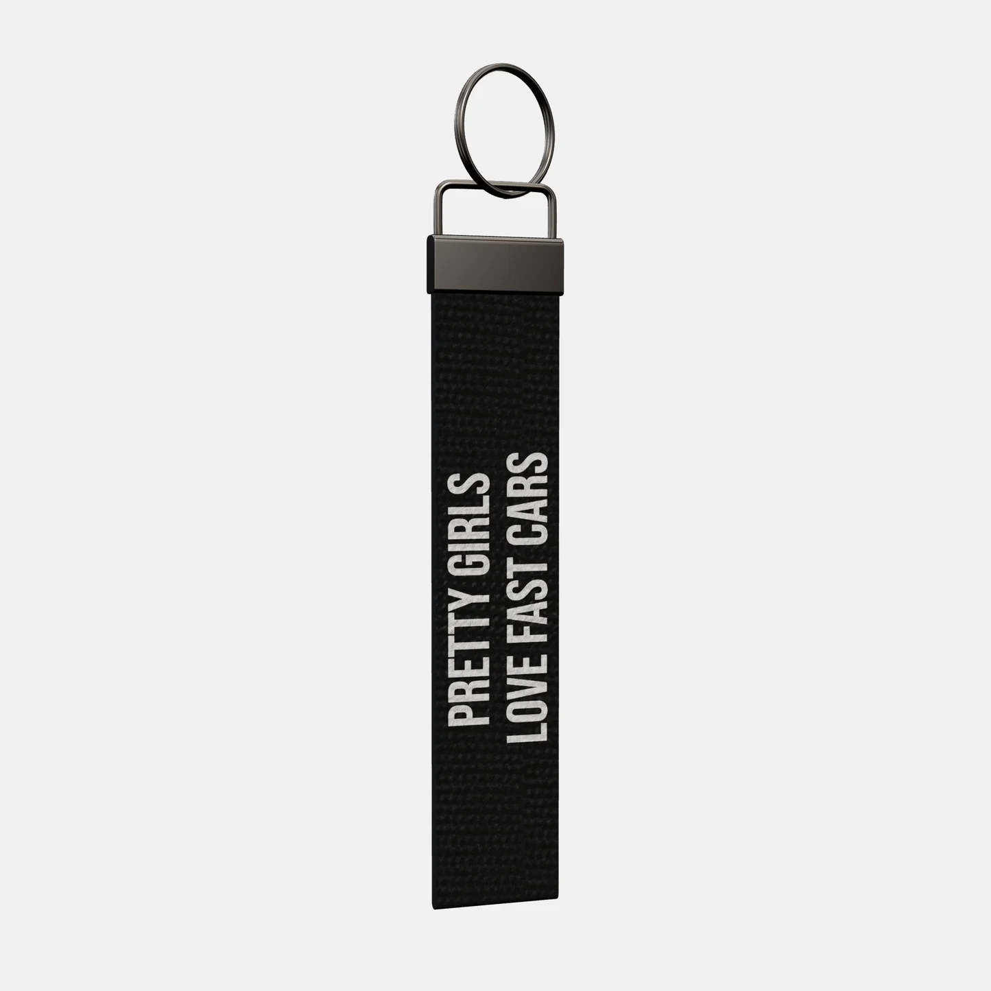 PRETTY GIRLS LOVE FAST CARS Keychain at an angle, black-nickel clamp and split ring