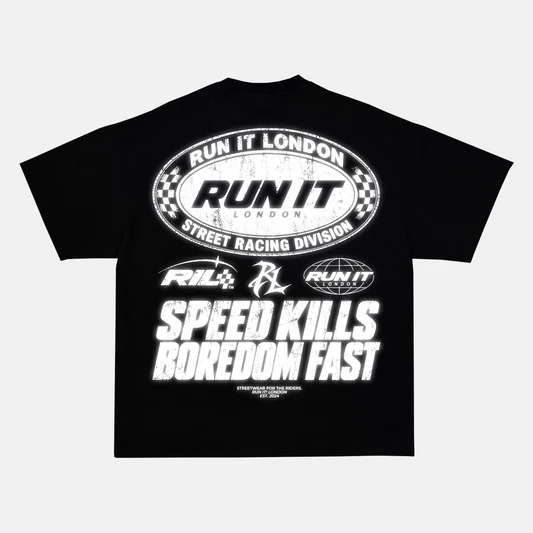 Reflective SPEED KILLS BOREDOM FAST back print on a t-shirt