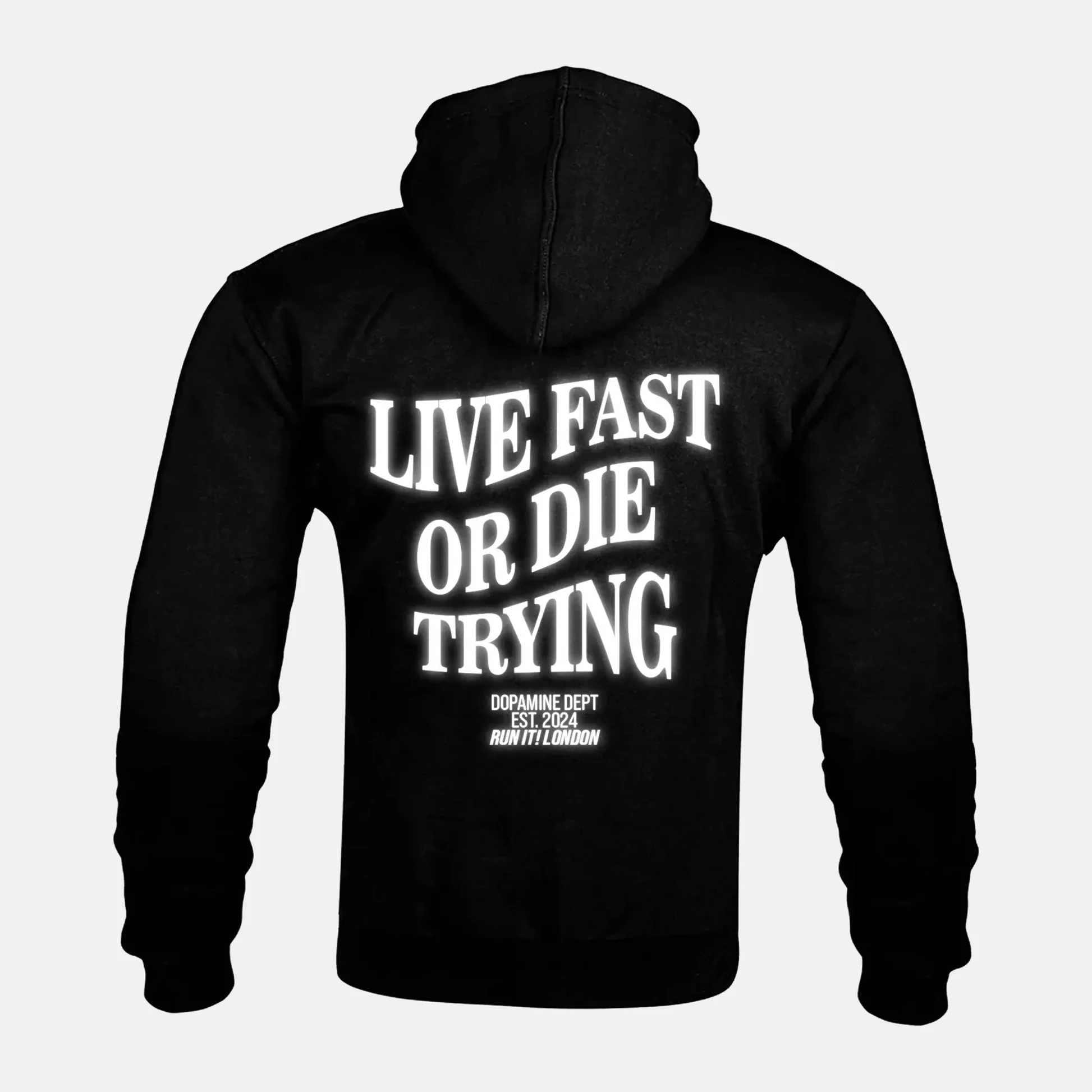 Reflective LIVE FAST OR DIE TRYING artwork on a Kevlar armoured zip hoodie