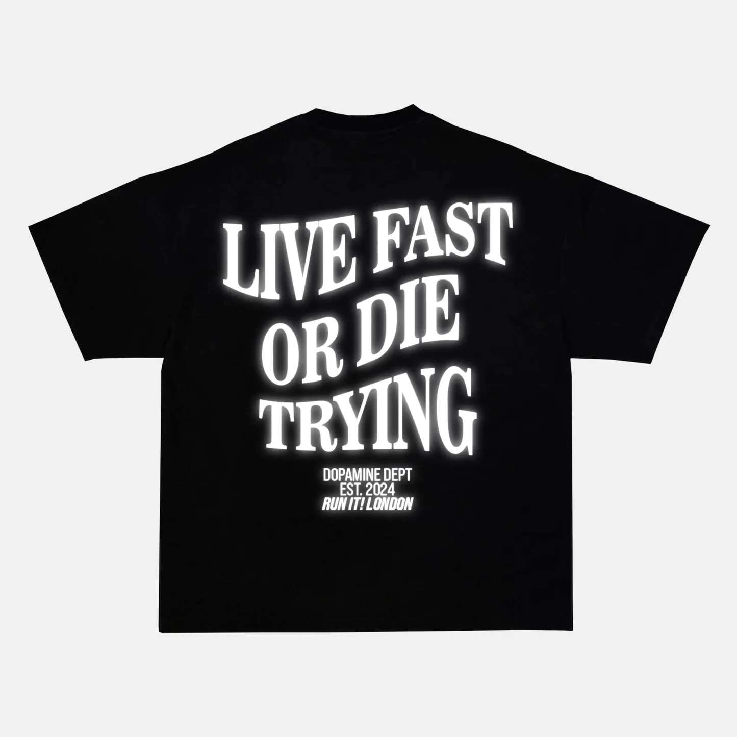 Reflective LIVE FAST OR DIE TRYING artwork on a t-shirt