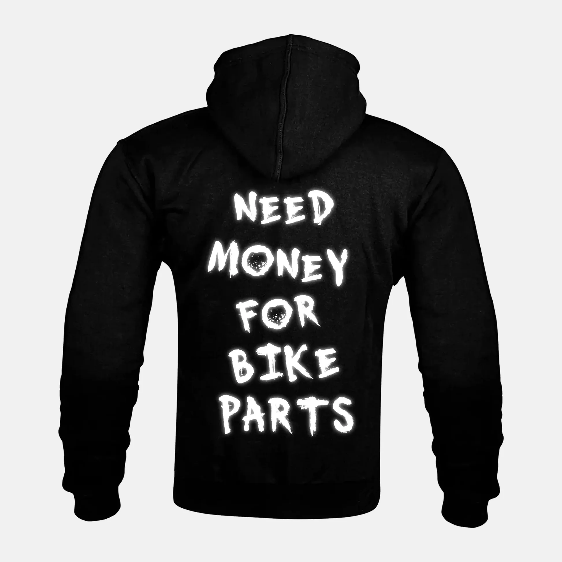 Reflective NEED MONEY FOR BIKE PARTS artwork on a Kevlar armoured zip hoodie