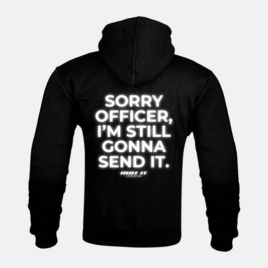 Reflective SORRY OFFICER, I'M STILL GONNA SEND IT artwork on a Kevlar armoured zip hoodie