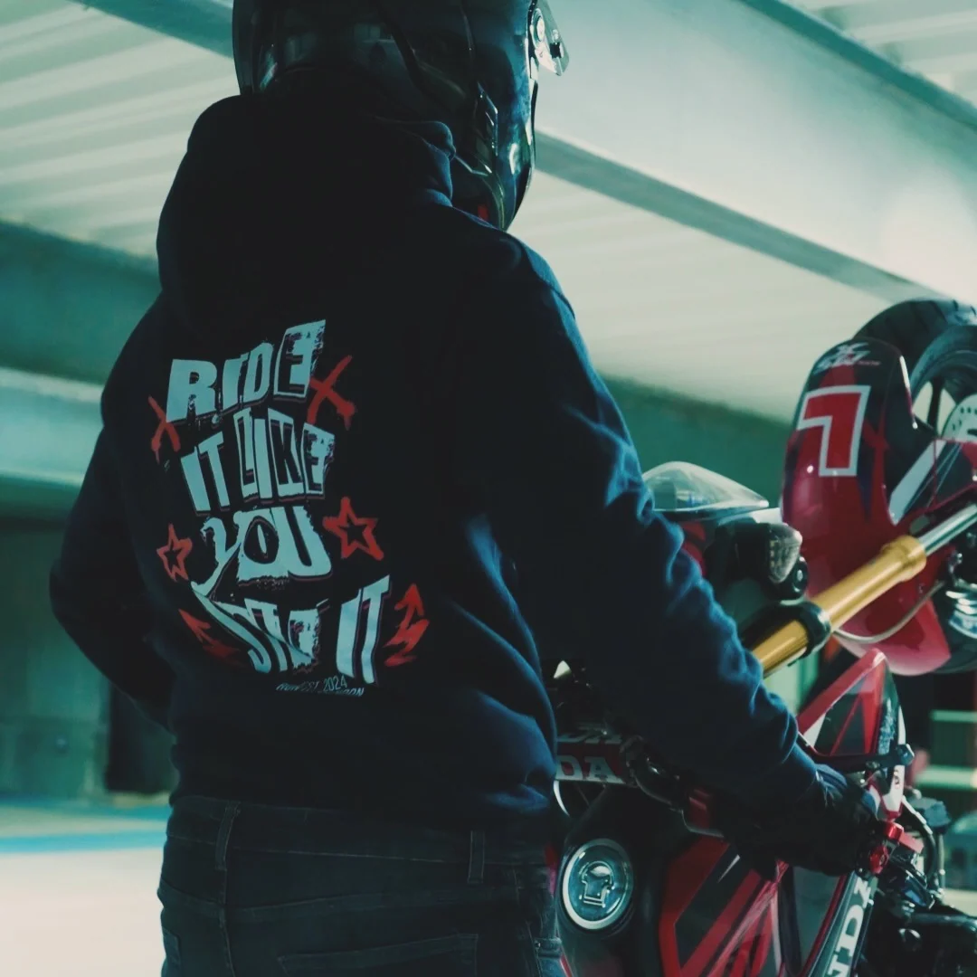 Rider wearing the RIDE IT LIKE YOU STOLE IT Hoodie, back print