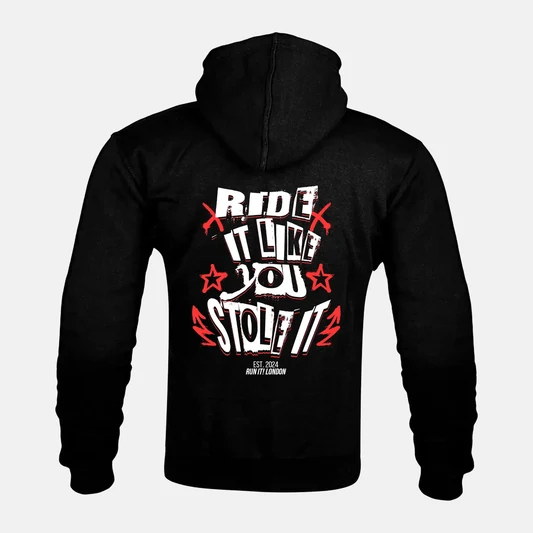 RIDE IT LIKE YOU STOLE IT artwork on a Kevlar armoured zip hoodie