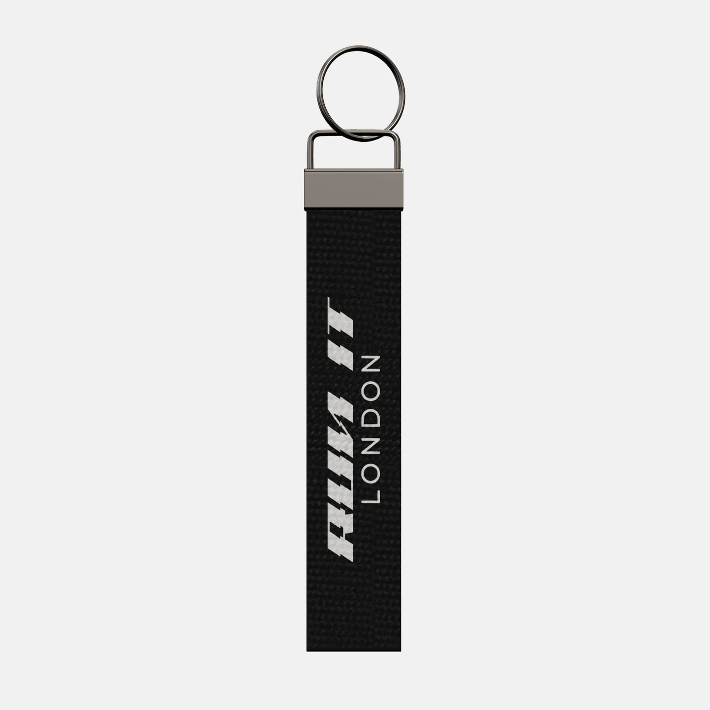 RUN IT LONDON Keychain, front: the RUN IT LONDON logo in white print
