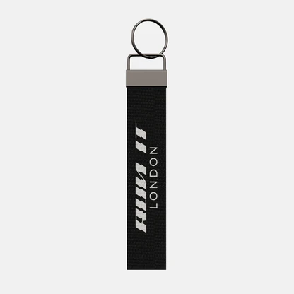 RUN IT LONDON Keychain, front: the RUN IT LONDON logo in white print