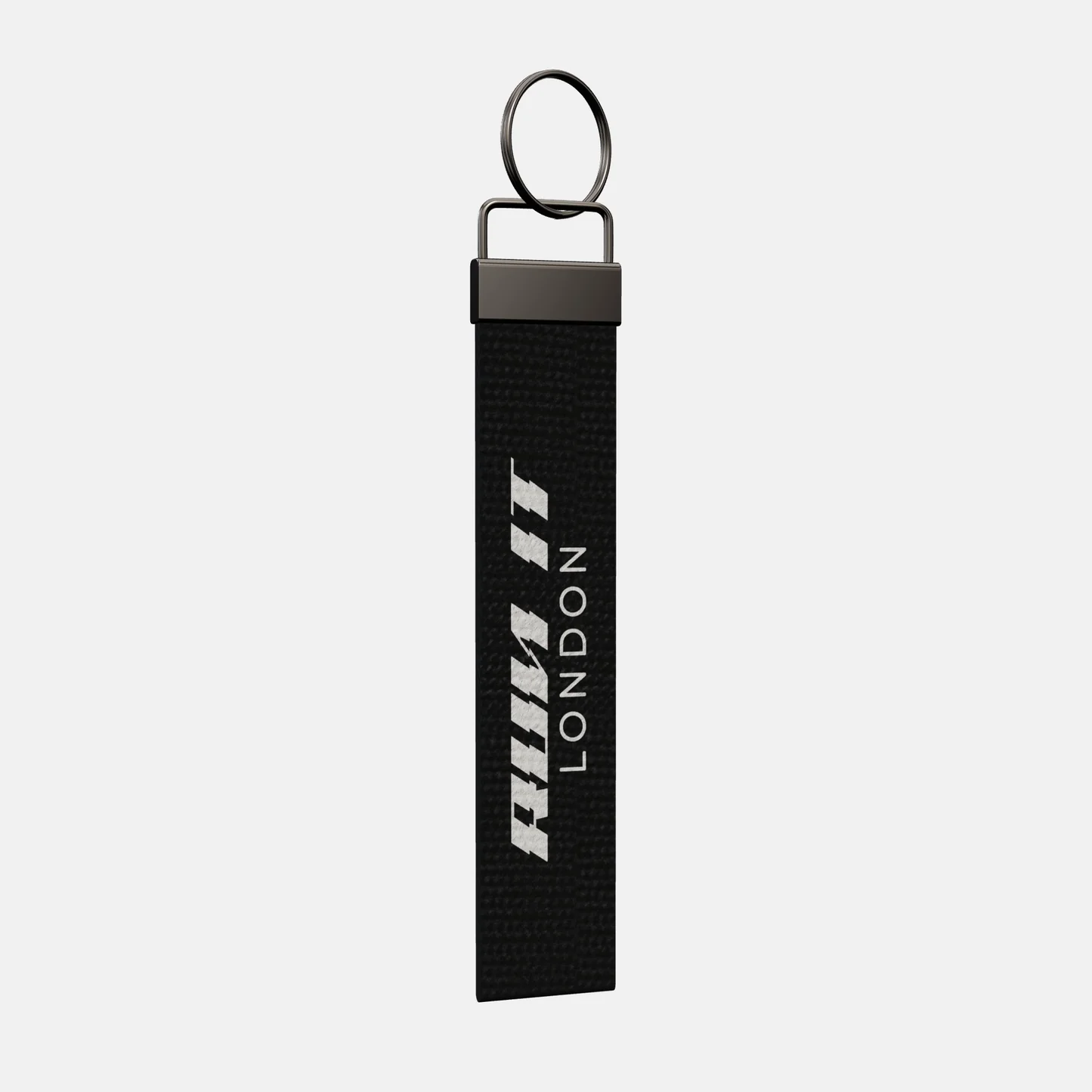 RUN IT LONDON Keychain at an angle, black-nickel clamp and split ring