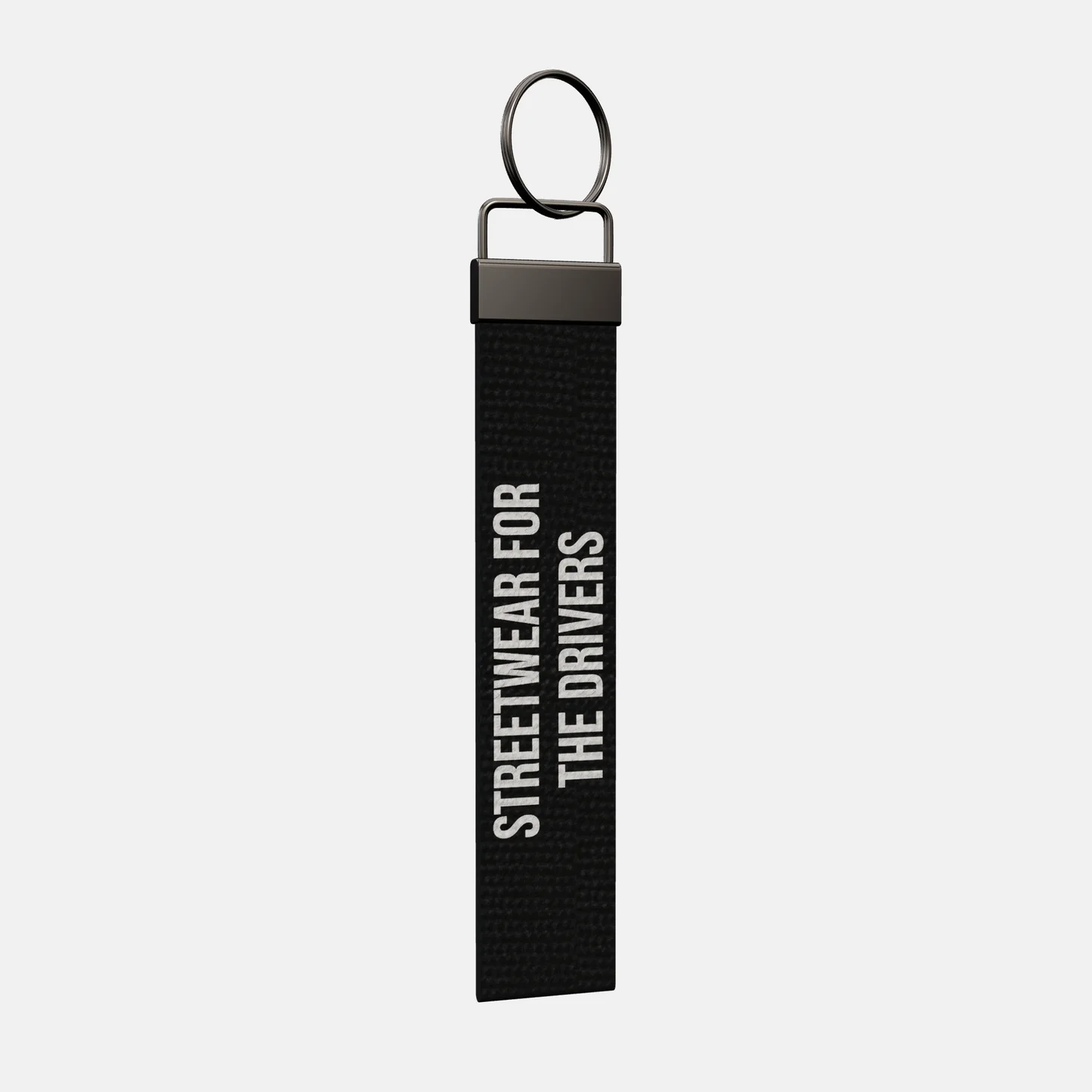STREETWEAR FOR THE DRIVERS Keychain at an angle, black-nickel clamp and split ring