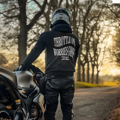 THROTTLE ON, WORRIES GONE artwork on a hoodie
