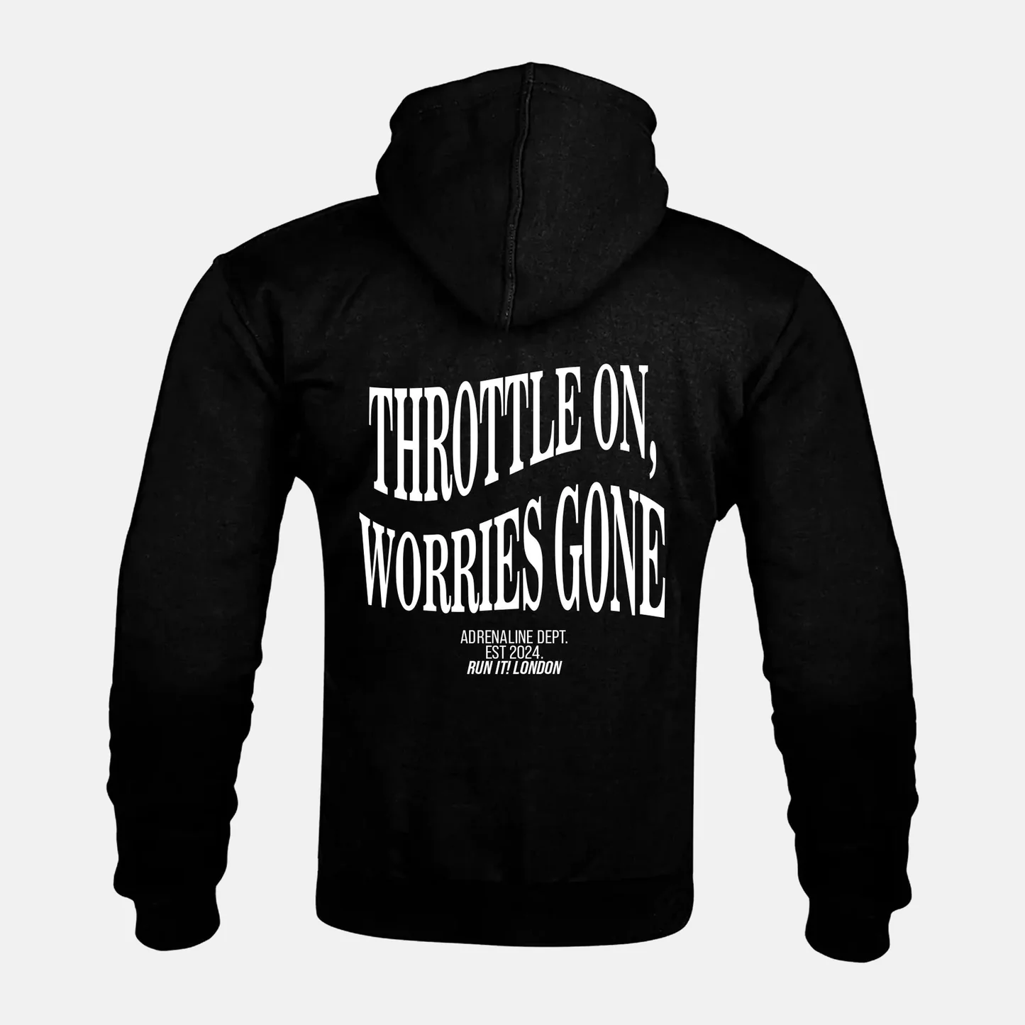 THROTTLE ON, WORRIES GONE artwork on a Kevlar armoured zip hoodie