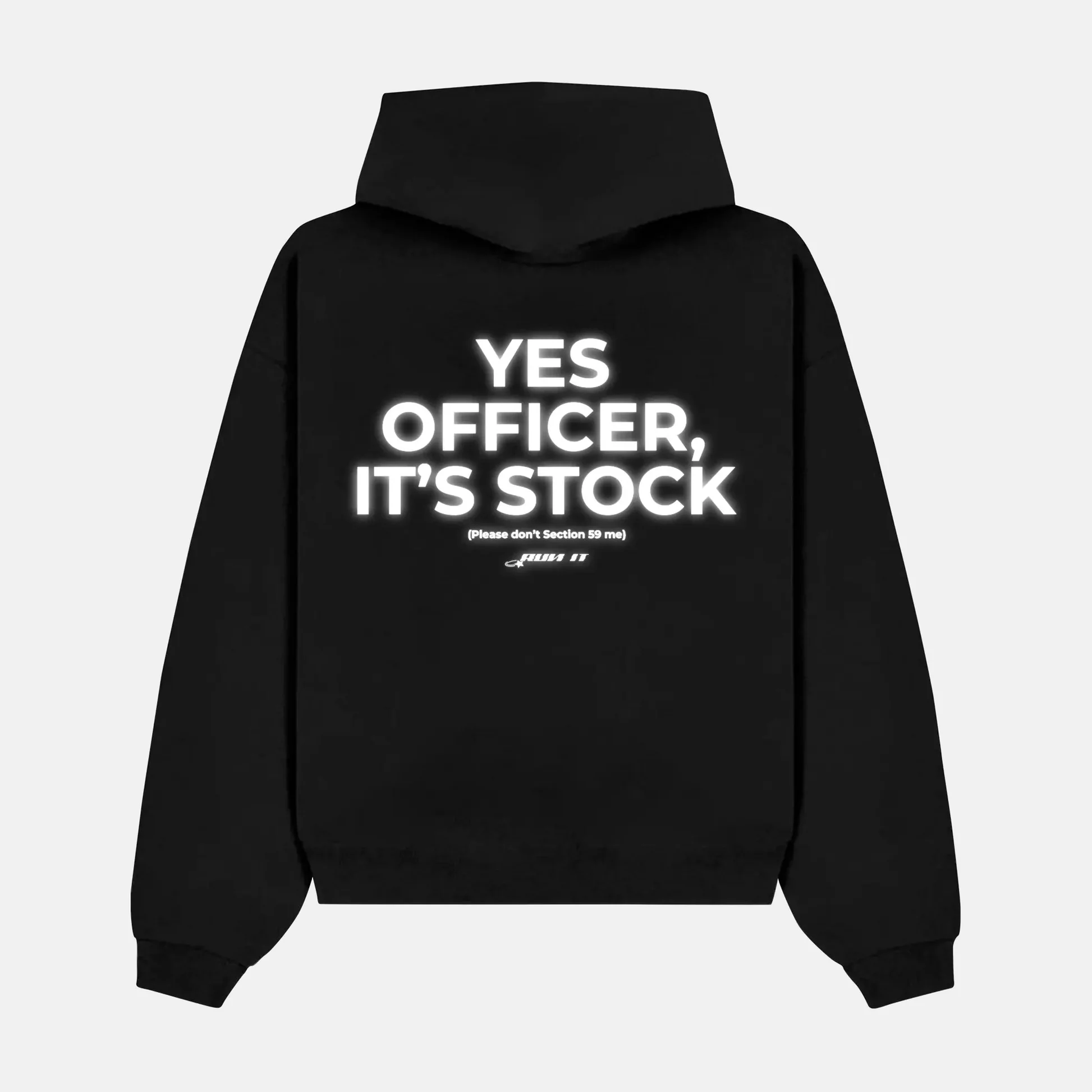 Reflective YES OFFICER, IT'S STOCK back print on a hoodie