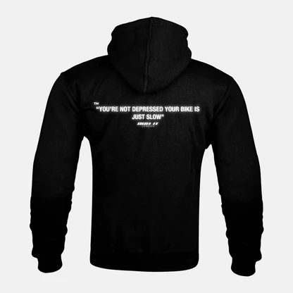 Reflective YOU'RE NOT DEPRESSED, YOUR BIKE IS JUST SLOW artwork on a Kevlar armoured zip hoodie