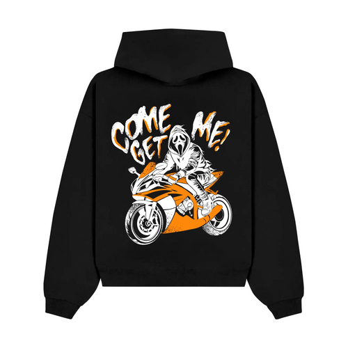COME GET ME artwork in orange on a hoodie