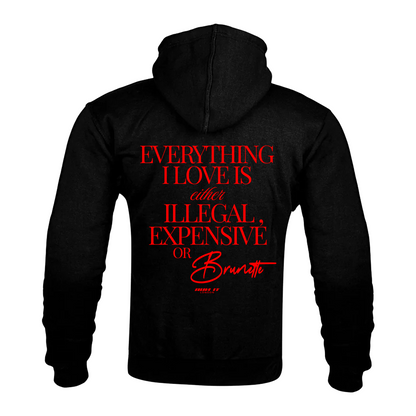 "EVERYTHING I LOVE IS EITHER ILLEGAL, EXPENSIVE OR BRUNETTE" Kevlar Armoured Zip Hoodie Red non-reflective back