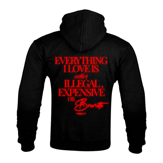 "EVERYTHING I LOVE IS EITHER ILLEGAL, EXPENSIVE OR BRUNETTE" Kevlar Armoured Zip Hoodie Red reflective back