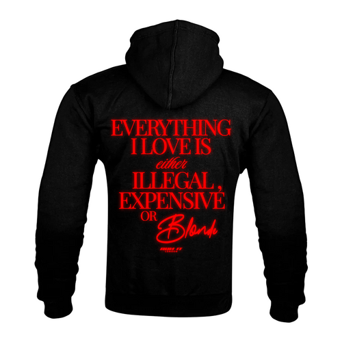 "EVERYTHING I LOVE IS EITHER ILLEGAL EXPENSIVE OR BLONDE" Kevlar Armoured Zip Hoodie Red reflective back