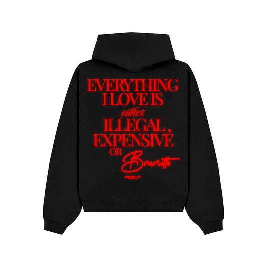 "EVERYTHING I LOVE IS EITHER ILLEGAL, EXPENSIVE OR BRUNETTE" Hoodie Red reflective back