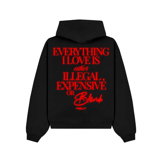 "EVERYTHING I LOVE IS EITHER ILLEGAL EXPENSIVE OR BLONDE" Hoodie Red reflective back