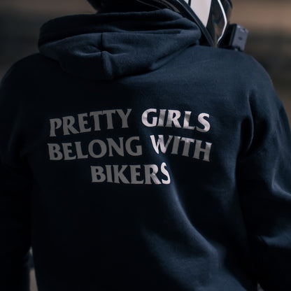 Rider wearing the PRETTY GIRLS BELONG WITH BIKERS Hoodie, back print
