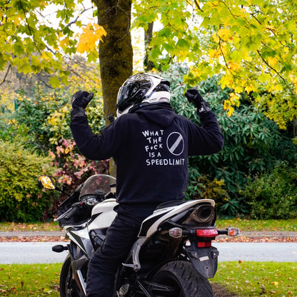 Rider wearing the WHAT THE F#CK IS A SPEEDLIMIT Hoodie, back print