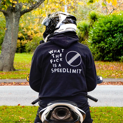 Rider wearing the WHAT THE F#CK IS A SPEEDLIMIT Hoodie, back print
